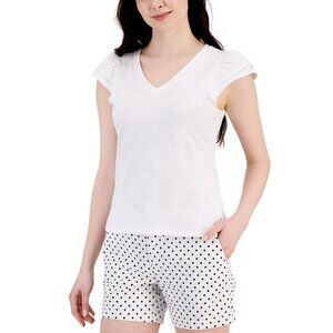 TOMMY HILFIGER Women's Cotton Eyelet Cap Sleeve V-Neck Bright White Top …